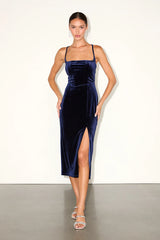 Gorgeous Composure Navy Velvet Lace-Up Sleeveless Midi Dress