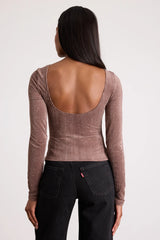 Gina Olive Green Shiny Velvet Long Sleeve Top