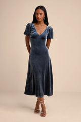 Obrissa Slate Blue Velvet Puff Sleeve Tie-Back Midi Dress