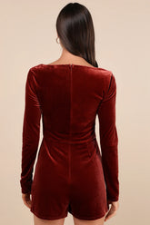 Admirable Aura Rust Velvet Long Sleeve Skort Romper
