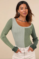 Mod Cutie Burgundy Color Block Ribbed Long Sleeve Bodysuit