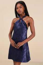 Got the Key Rust Satin Floral Jacquard Halter Mini Dress