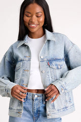 90s Trucker Light Wash Rhinestone Denim Jacket