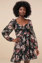 Truly Adorable Green Floral Burnout Balloon Sleeve Mini Dress