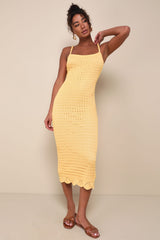 Ventura Vision Olive Green Crochet Lace-Up Midi Dress
