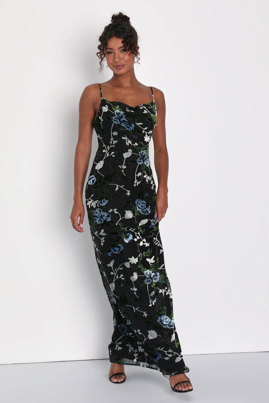 Chic Romantic Black Burnout Velvet Floral Cowl Neck Dress