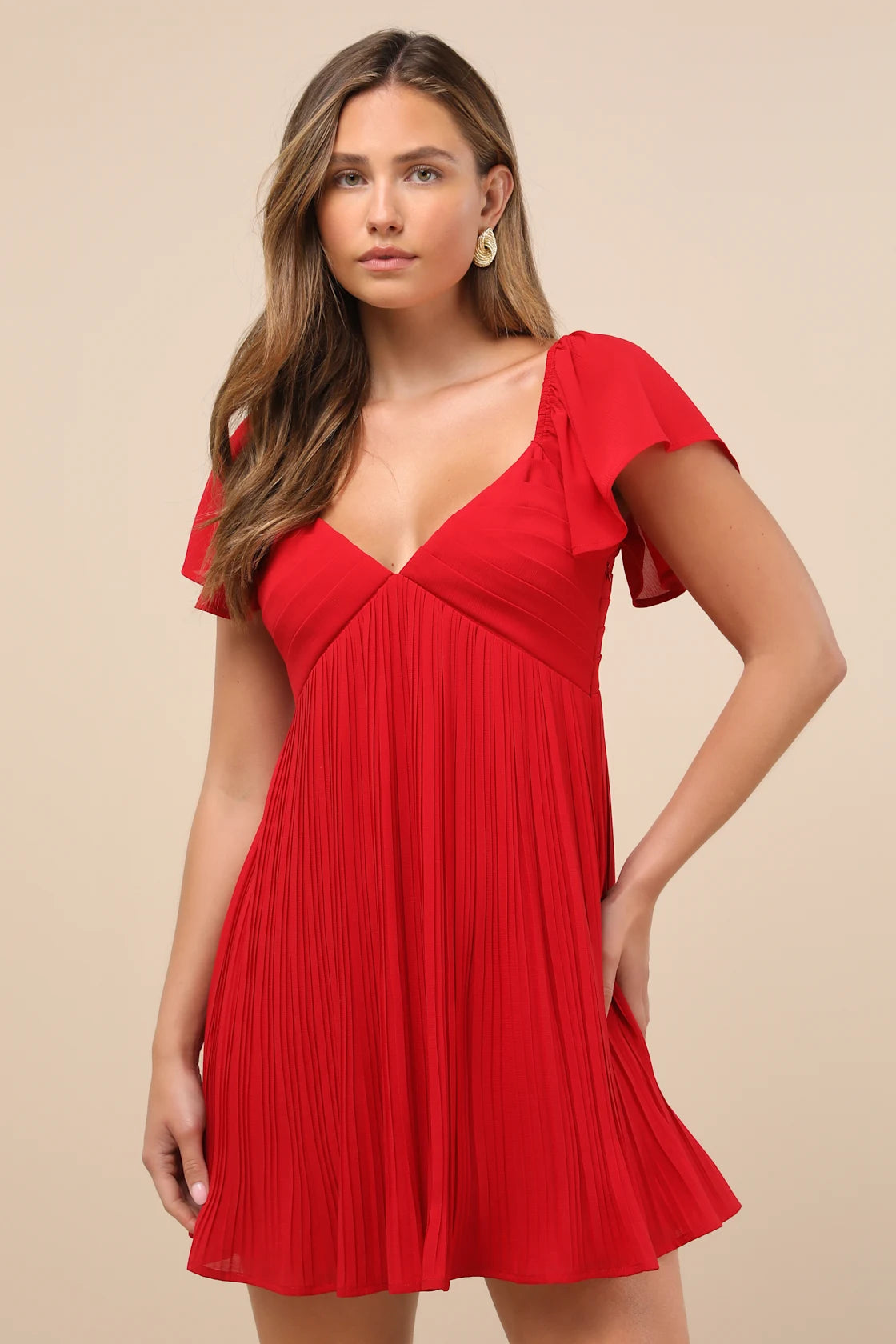 Amalfi Coast Emerald Pleated Flutter Sleeve Mini Dress