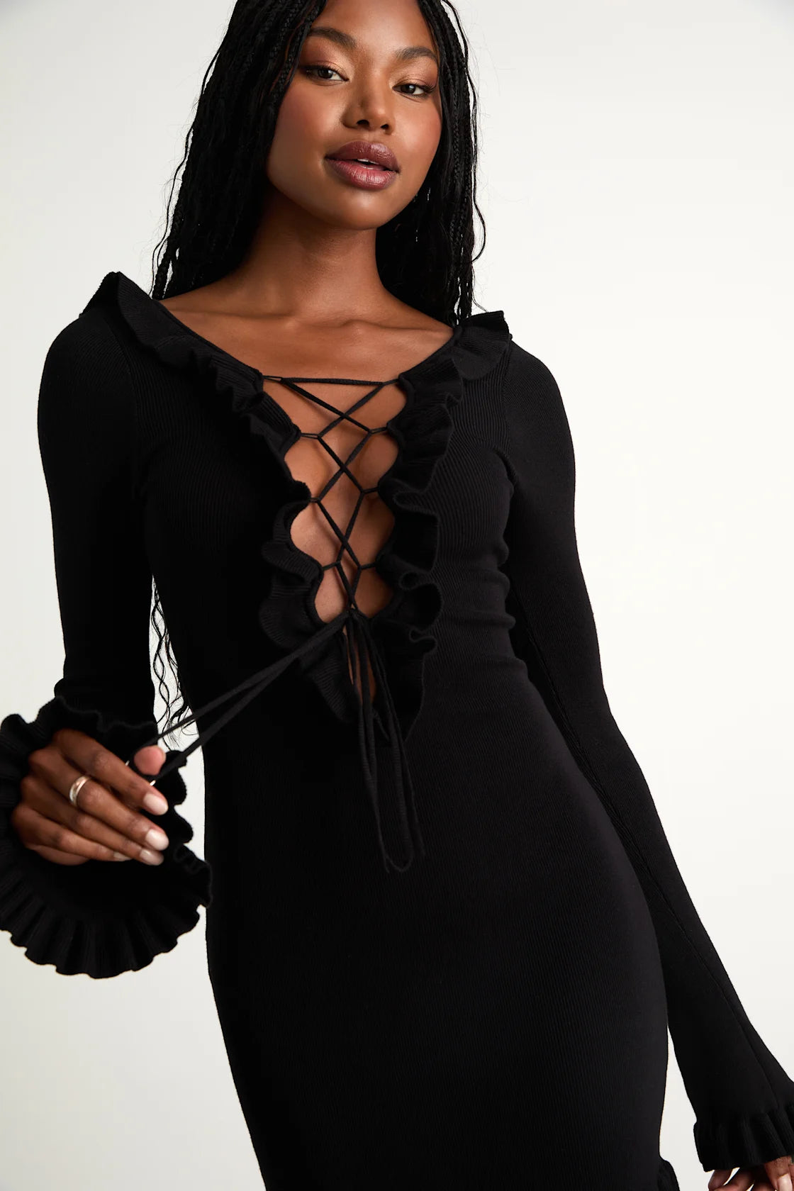 Haylea Black Ribbed Lace-Up Ruffled Sweater Mini Dress