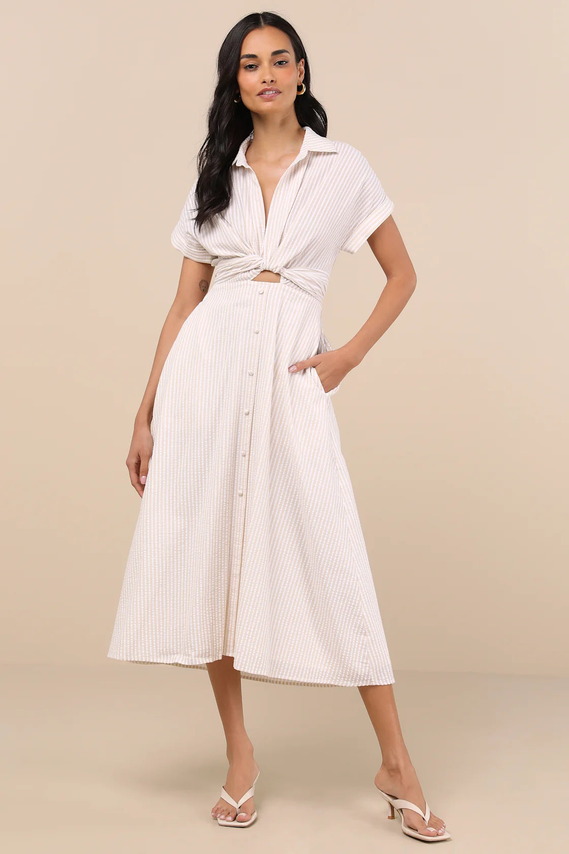 Adorable Impression Beige and White Midi Dress With Pockets