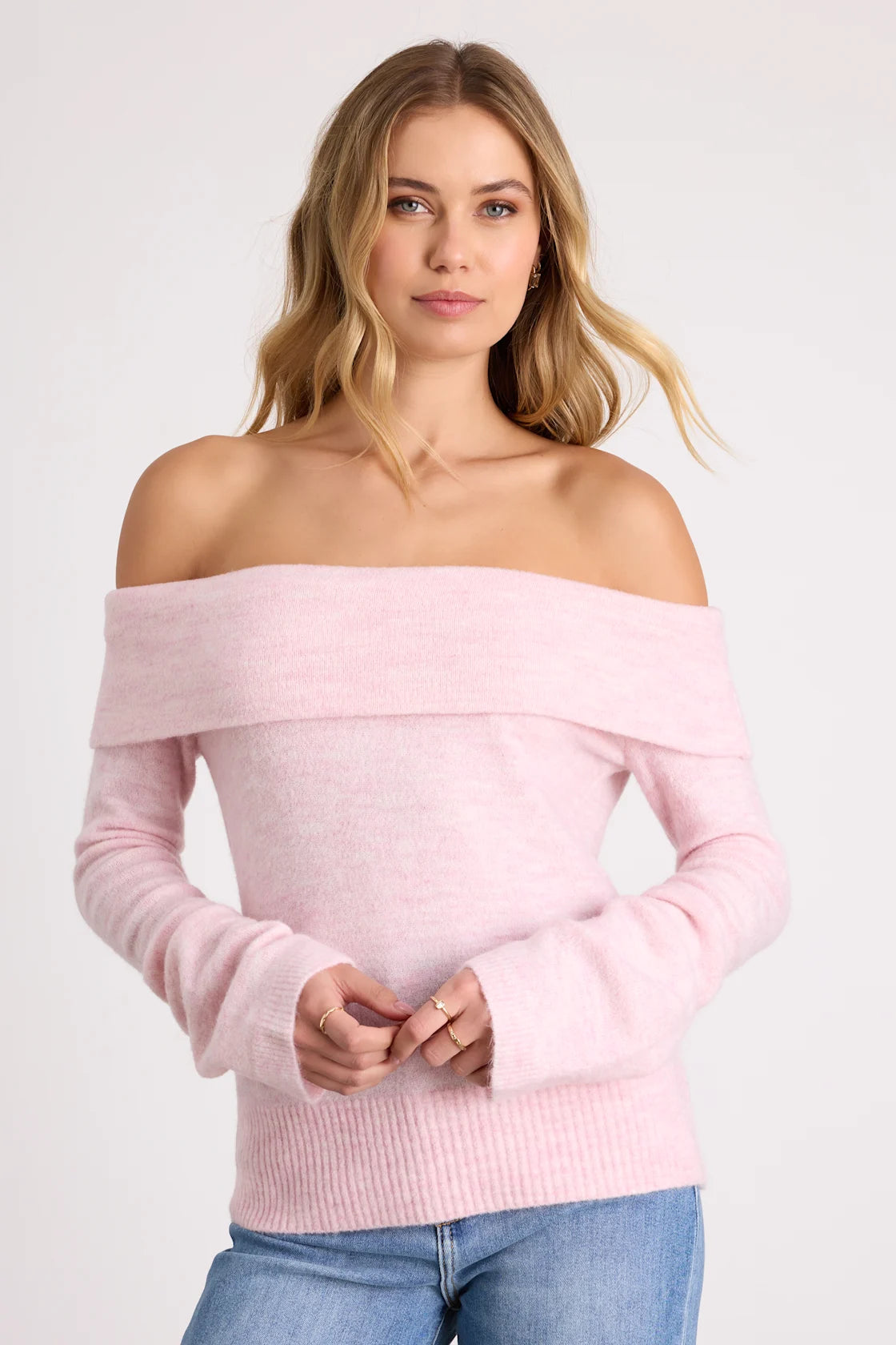 Melinda Light Blue Space Dye Off-the-Shoulder Sweater Top