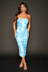 Vania Orange Abstract Mesh Ruched Strapless Midi Dress