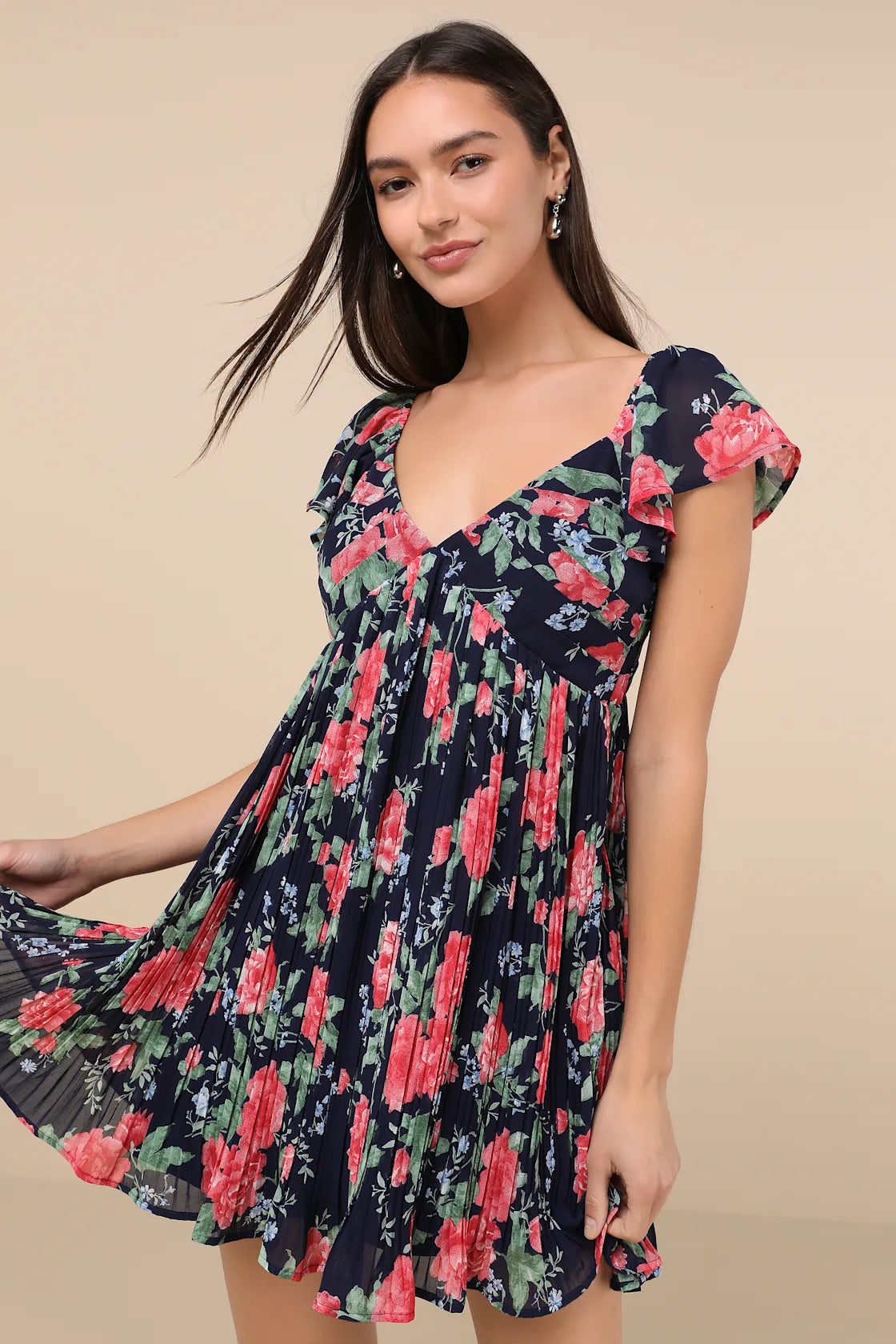 Amalfi Coast Emerald Pleated Flutter Sleeve Mini Dress
