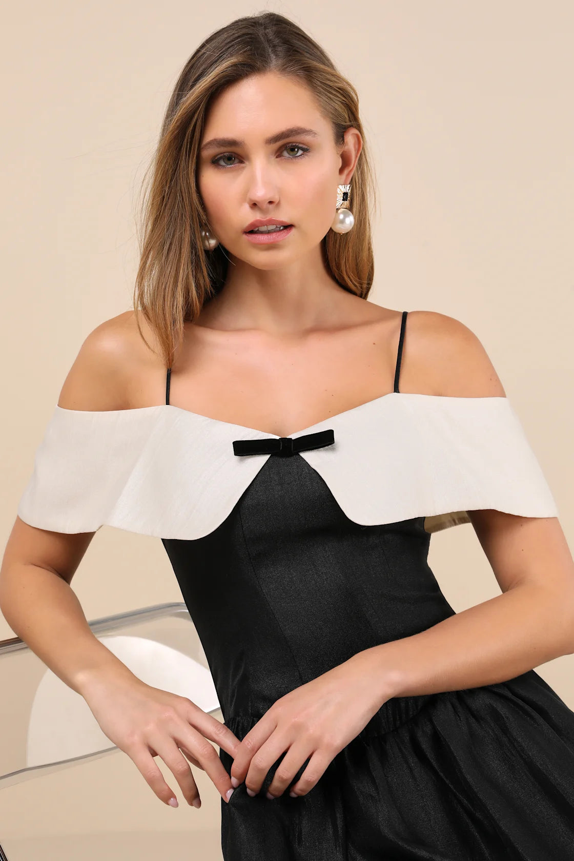 Upscale Desire Black Contrast Off-the-Shoulder Mini Dress