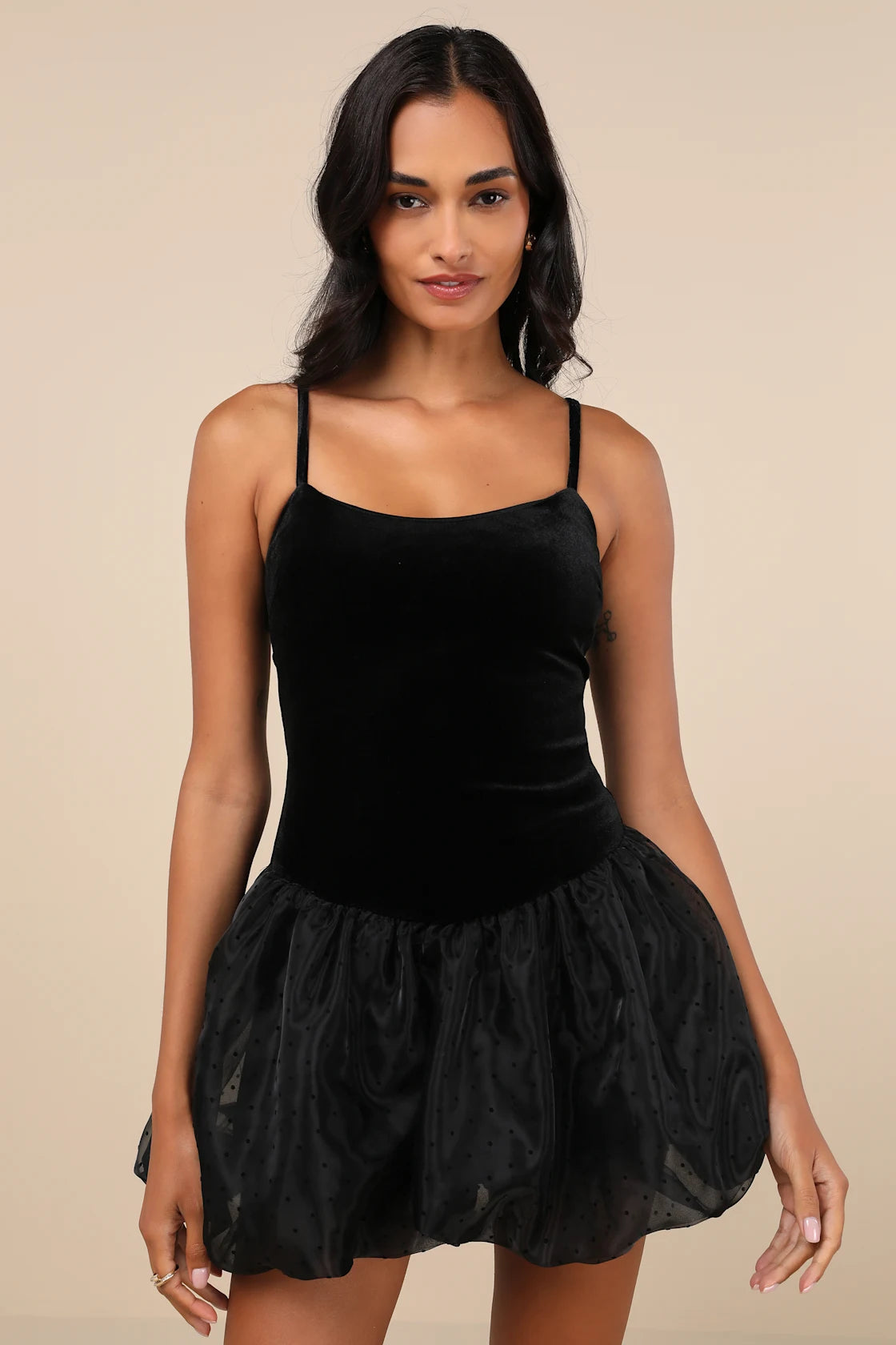 Coquette Energy Black Polka Dot Velvet Drop Waist Mini Dress