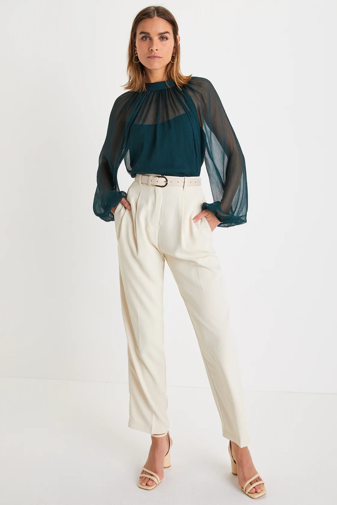 Angelically Airy Emerald Green Balloon Sleeve Top